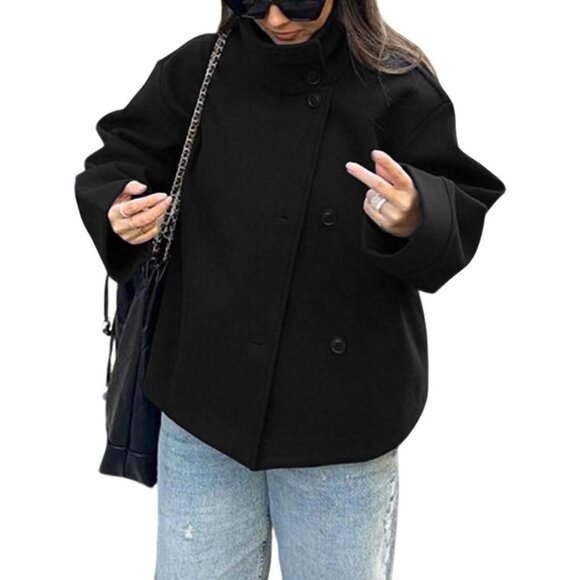 Women Crop Pea Coat Wool Blend Winter Loose Casual Short Jacket Outwear